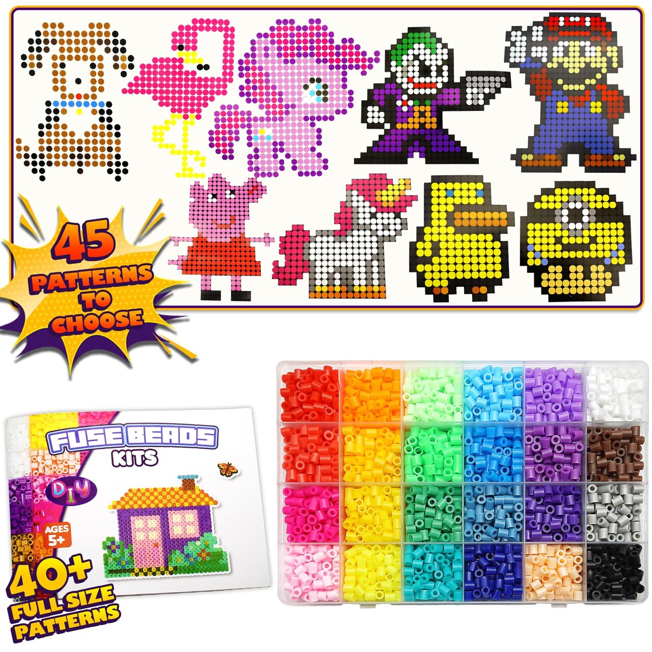 5200 5mm Fuse Beads Kit - 24 Colors | 45 Patterns, Toys, Kids Crafts for Girls Ages 8-12, Arts and Crafts for Kids Ages 6-8, Gifts for Girls Boys Kids Age 5 6 7 8 9 10 11 12 Year Old